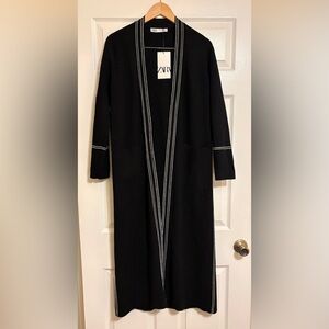 NWT Zara Collection Heavy Knit Long Coat Duster White Piping Coatigan